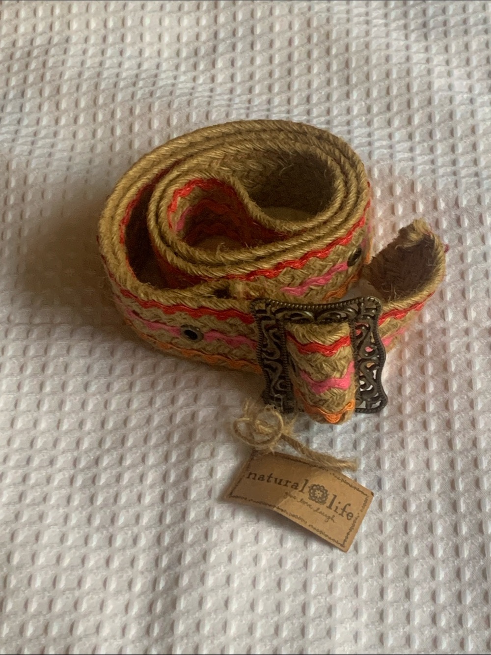 NATURAL LIFE woven Hemp multicolored boho Belt with Pink & Orange Embroidery Nwt